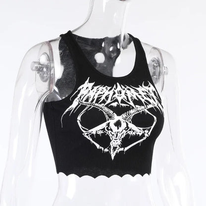 Gothic Punk Black Goat Print Crop Tank Top Harajuku