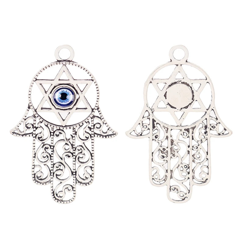 Large Tibetan Silver Hamsa Hand Charms for Necklace Jewelry Making 75x47mm