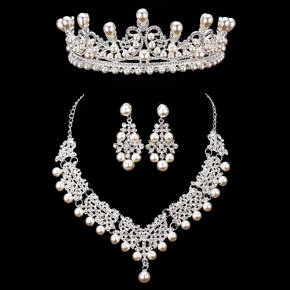 Bride's Crystal Pearl Jewelry Set - Stunning Rhinestone Choker, Earrings & Tiara for Your Dream Wedding H054 3PCS Pearl
