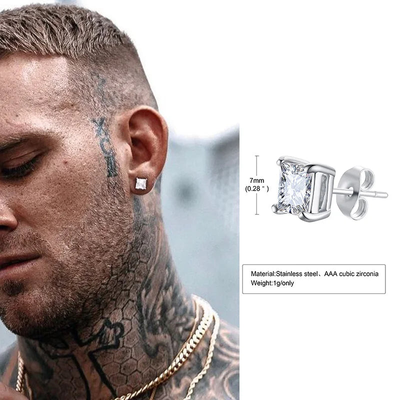 Men's Square CZ Stud Earrings in Stainless Steel with Butterfly Push Back Closure