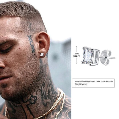 Men's Square CZ Stud Earrings in Stainless Steel with Butterfly Push Back Closure