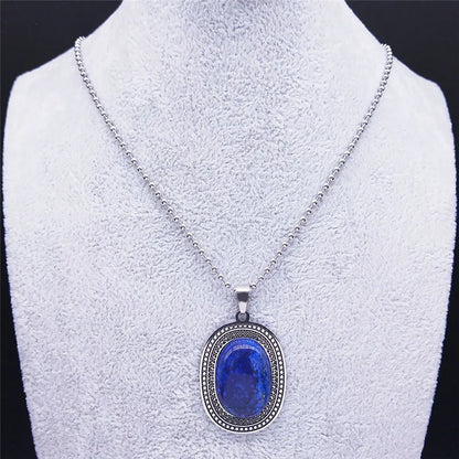 Stainless Steel Lapis Lazuli Long Bohemia Charm Necklace for Unisex Fashion Jewelry