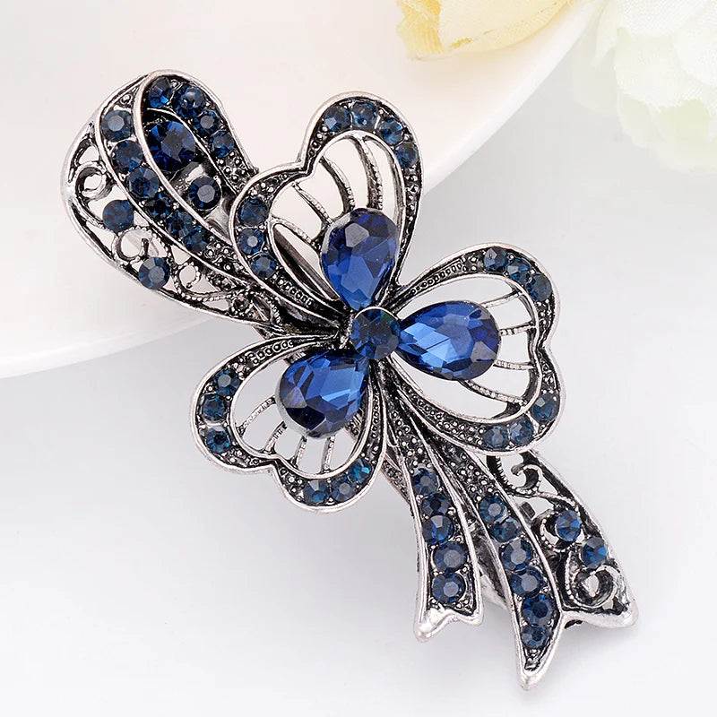 Elegant Blue Rhinestone Flower Hair Clips for Women - Crystal Fashion Barrettes by EASYA
