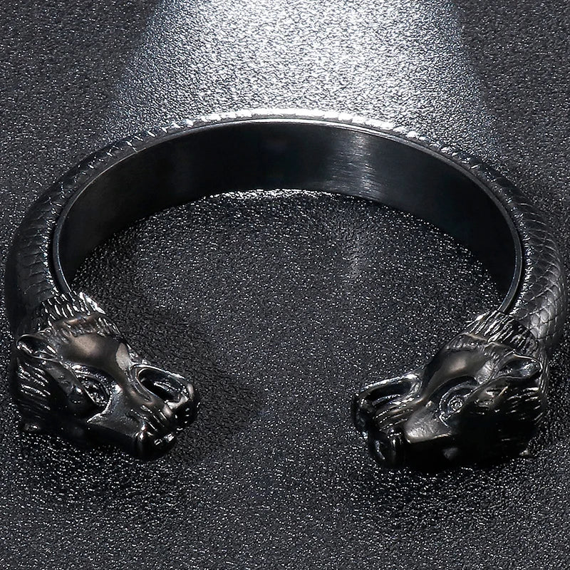 Gold Lion Head Stainless Steel Open Bangle Bracelet for Men with Adjustable Leather Strap