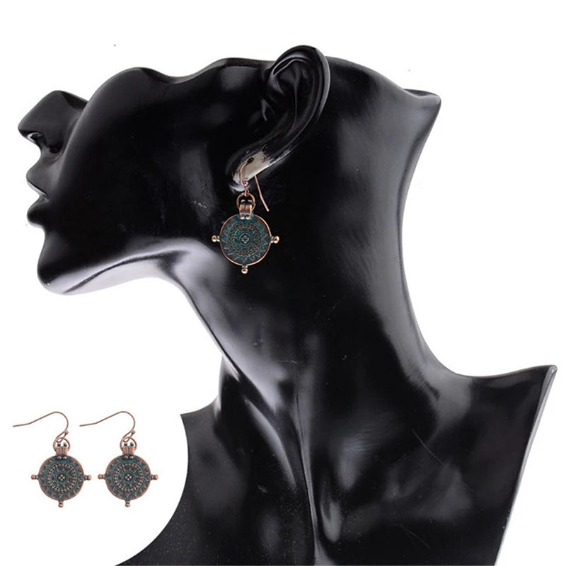 Vintage Ethnic Irregular Wheel Carved Copper Alloy Pendant Earrings for Weddings and Parties
