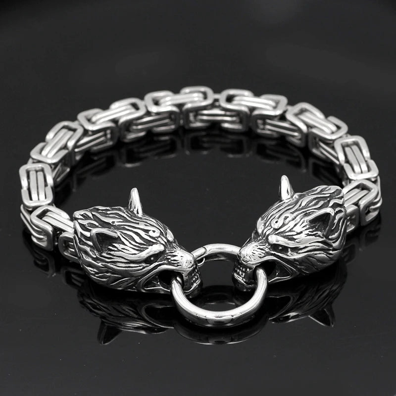 Men's Stainless Steel Viking Wolf Head Bracelet with Thick Chain Biker Punk Wristband