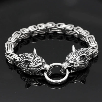 Men's Stainless Steel Viking Wolf Head Bracelet with Thick Chain Biker Punk Wristband