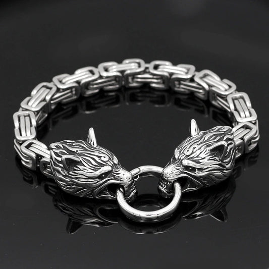Men's Stainless Steel Viking Wolf Head Bracelet with Thick Chain Biker Punk Wristband