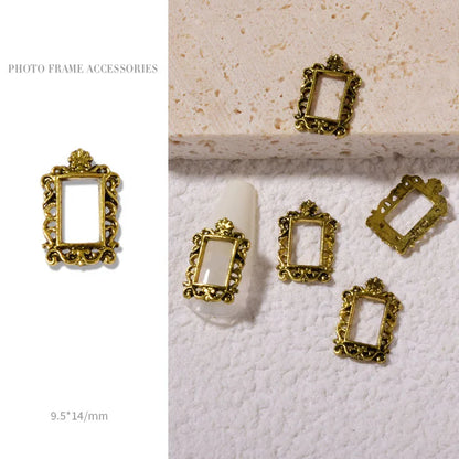 Vintage Gold 3D Charm Photo Frame Nail Art Kit with Alloy Studs - 5 Piece Set