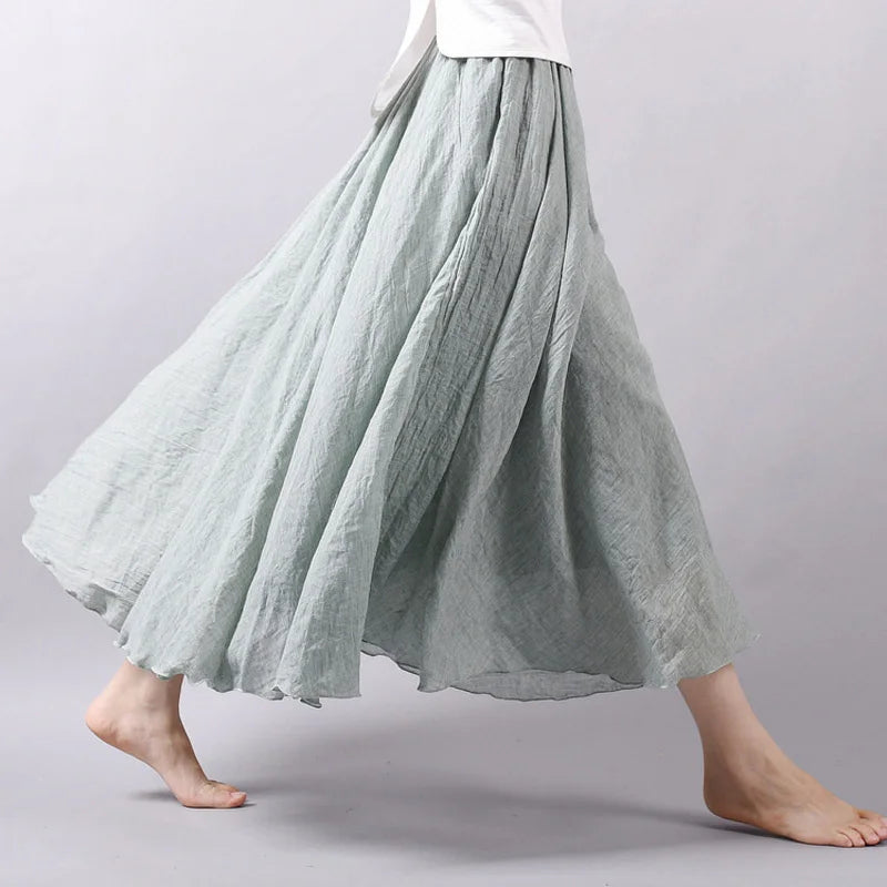 Boho Linen Cotton Maxi Skirt Elastic Waist Beige Pink