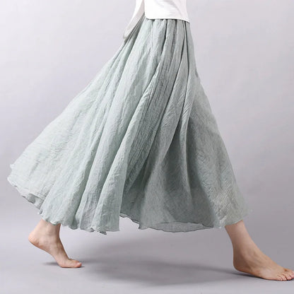 Boho Linen Cotton Maxi Skirt Elastic Waist Beige Pink