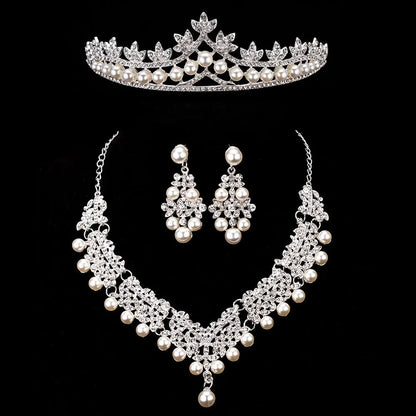 Bride's Crystal Pearl Jewelry Set - Stunning Rhinestone Choker, Earrings & Tiara for Your Dream Wedding H052 3PCS Pearl