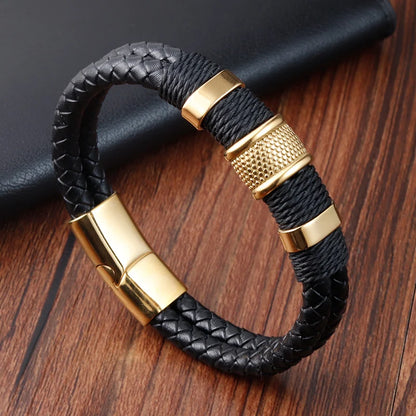 Men's Hand-Woven Leather Bracelet with Stainless Steel Charm
