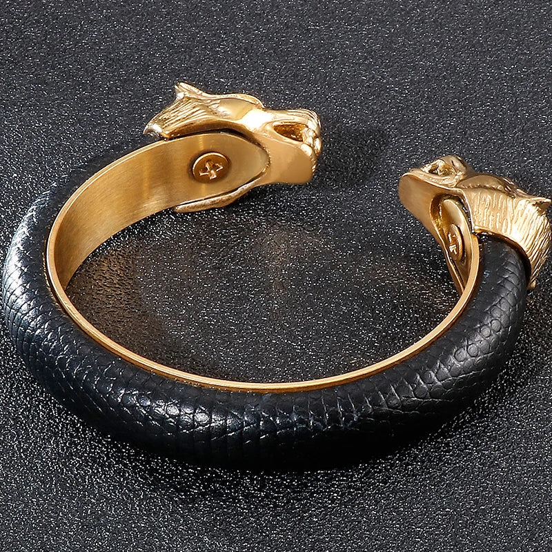 Gold Lion Head Stainless Steel Open Bangle Bracelet for Men with Adjustable Leather Strap