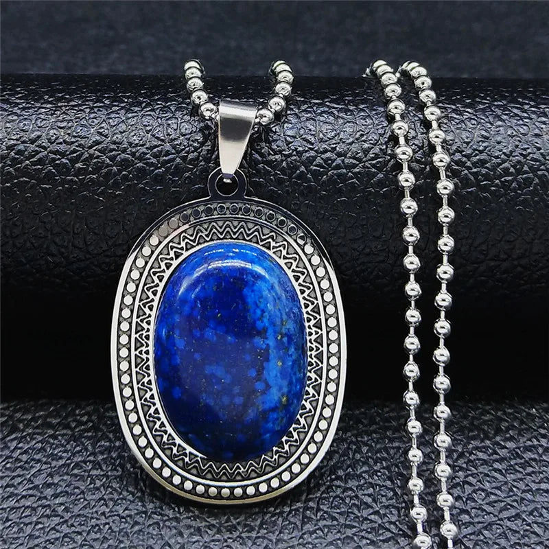 Stainless Steel Lapis Lazuli Long Bohemia Charm Necklace for Unisex Fashion Jewelry