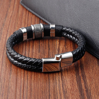 Men's Hand-Woven Leather Bracelet with Stainless Steel Charm
