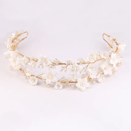 Elegant Crystal Wedding Headband Crown with Handmade Ceramic Flowers