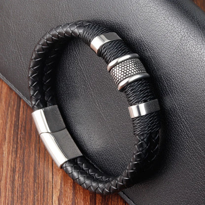 Men's Hand-Woven Leather Bracelet with Stainless Steel Charm