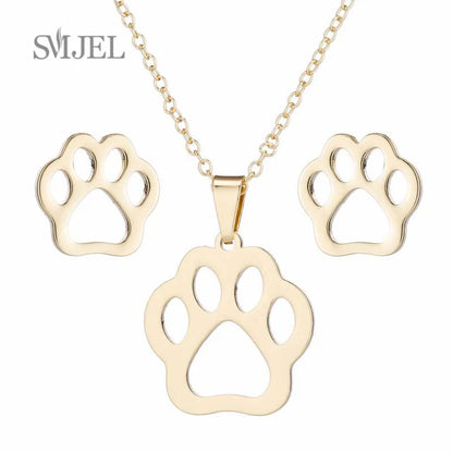 Elegant Stainless Steel Animal Necklace for Women - Rabbit Charm and Paw Print Design