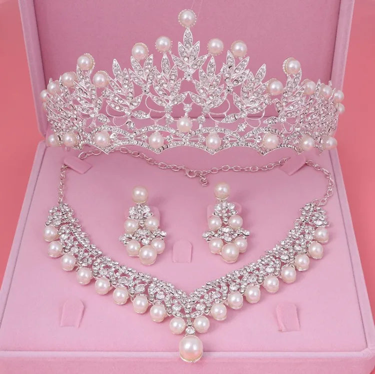 Bride's Crystal Pearl Jewelry Set - Stunning Rhinestone Choker, Earrings & Tiara for Your Dream Wedding