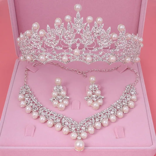 Bride's Crystal Pearl Jewelry Set - Stunning Rhinestone Choker, Earrings & Tiara for Your Dream Wedding