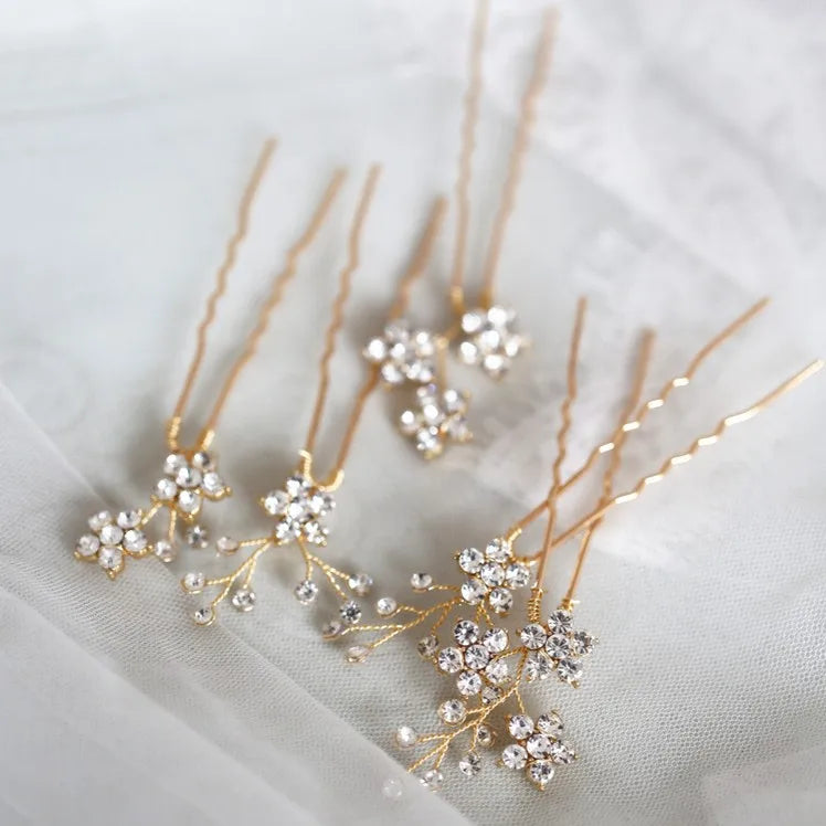 Jonnafe Shine Rhinestone Floral Wedding Hair Pins Set for Brides in Gold and Silver