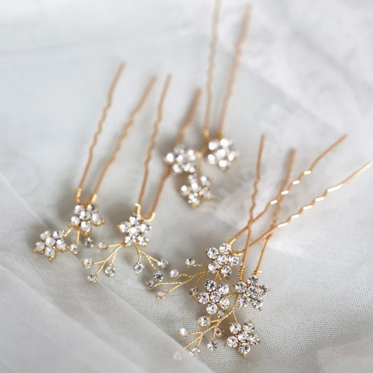 Jonnafe Shine Rhinestone Floral Wedding Hair Pins Set for Brides in Gold and Silver