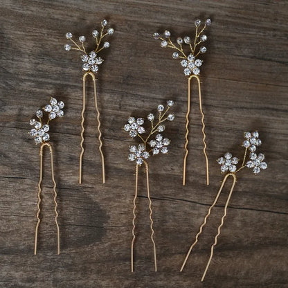 Jonnafe Shine Rhinestone Floral Wedding Hair Pins Set for Brides in Gold and Silver