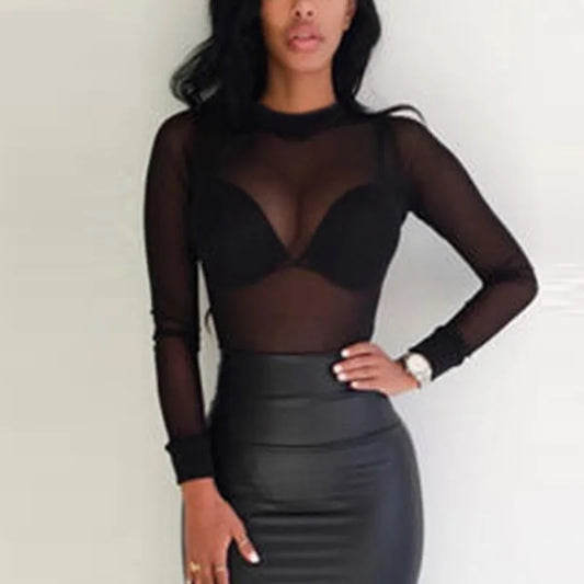 Dozw Women See Through Mesh Top Long Sleeve Turtleneck