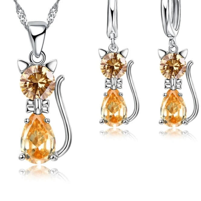 Real 925 Sterling Silver Cat Pendant Necklace and Huggie Earring Set with Shining Austrian Crystals for Women and Girls