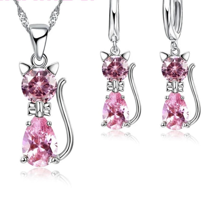 Real 925 Sterling Silver Cat Pendant Necklace and Huggie Earring Set with Shining Austrian Crystals for Women and Girls