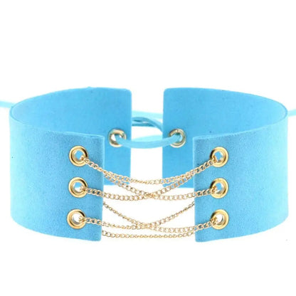 Glamorous Black Velvet Choker Necklace with Gold Silver Chain and Lace-Up Design