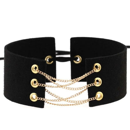 Glamorous Black Velvet Choker Necklace with Gold Silver Chain and Lace-Up Design