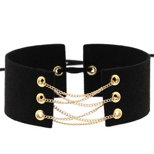 Glamorous Black Velvet Choker Necklace with Gold Silver Chain and Lace-Up Design