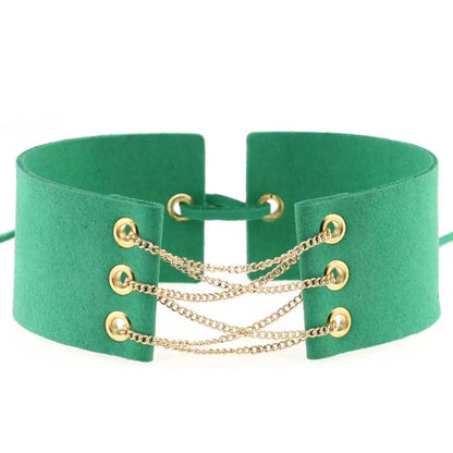 Glamorous Black Velvet Choker Necklace with Gold Silver Chain and Lace-Up Design