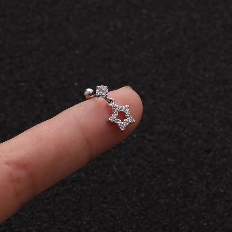Enchanted Star Heart Moon Crystal Tragus Earrings Set Stainless Steel Helix Studs