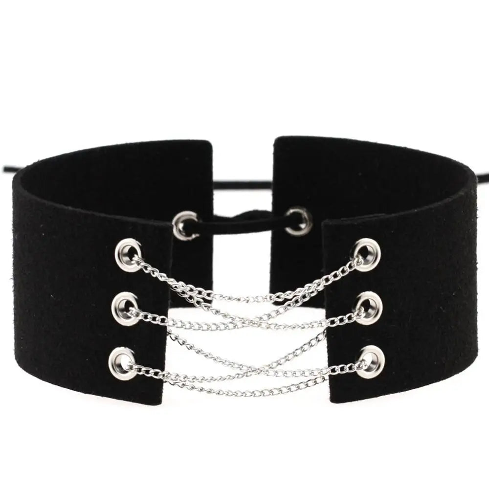 Glamorous Black Velvet Choker Necklace with Gold Silver Chain and Lace-Up Design