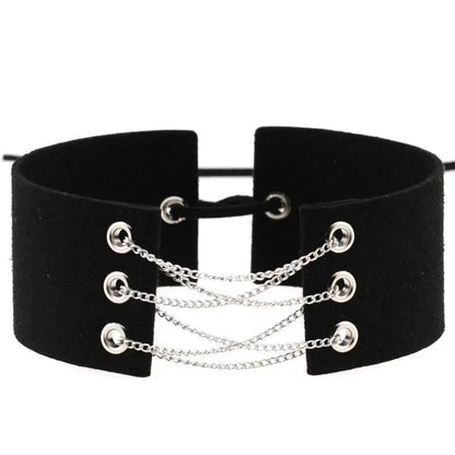 Glamorous Black Velvet Choker Necklace with Gold Silver Chain and Lace-Up Design