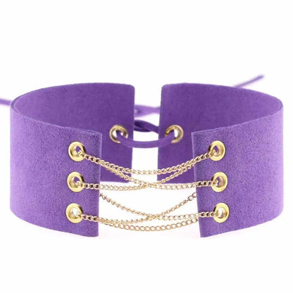 Glamorous Black Velvet Choker Necklace with Gold Silver Chain and Lace-Up Design