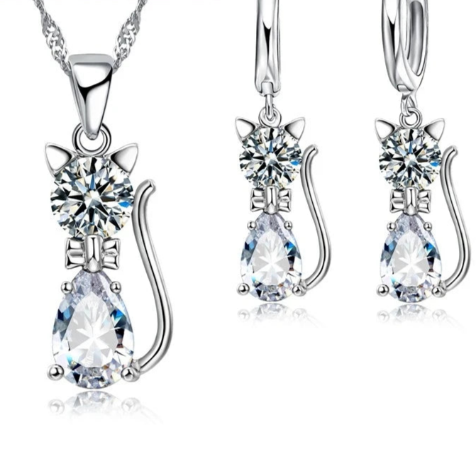 Real 925 Sterling Silver Cat Pendant Necklace and Huggie Earring Set with Shining Austrian Crystals for Women and Girls White