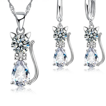 Real 925 Sterling Silver Cat Pendant Necklace and Huggie Earring Set with Shining Austrian Crystals for Women and Girls White