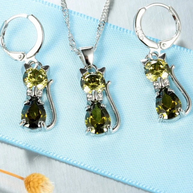 Real 925 Sterling Silver Cat Pendant Necklace and Huggie Earring Set with Shining Austrian Crystals for Women and Girls
