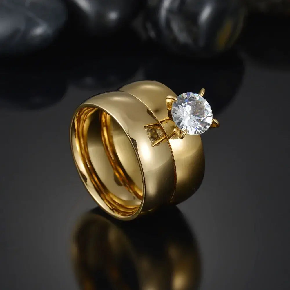 MeMolissa Luxury Clear Stone Crystal Wedding Rings Gold Plated Stainless Steel Jewelry