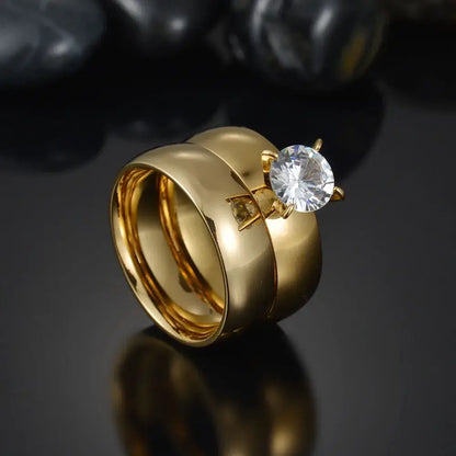 MeMolissa Luxury Clear Stone Crystal Wedding Rings Gold Plated Stainless Steel Jewelry