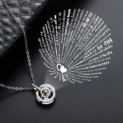 Projection Necklace for Women 100 Languages I Love You Charm Mother's Day Gift round white gold