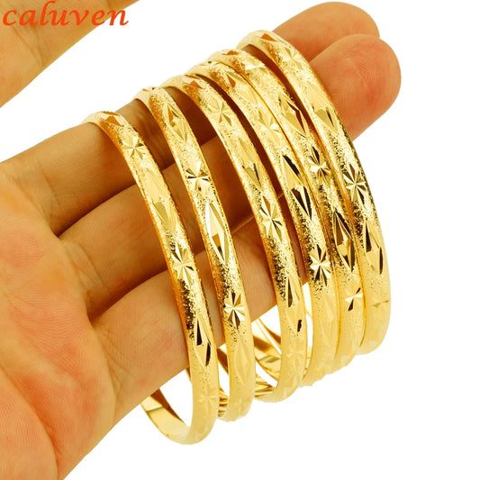 Dubai Gold Color Bangles Set 6MM Copper Bracelets Ethiopian Jewelry Fashion for Women Men