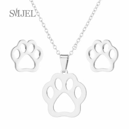 Elegant Stainless Steel Animal Necklace for Women - Rabbit Charm and Paw Print Design