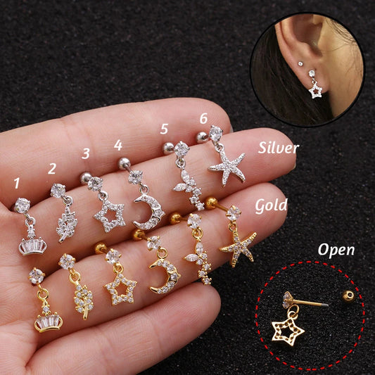 Enchanted Star Heart Moon Crystal Tragus Earrings Set Stainless Steel Helix Studs