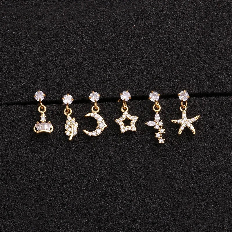 Enchanted Star Heart Moon Crystal Tragus Earrings Set Stainless Steel Helix Studs