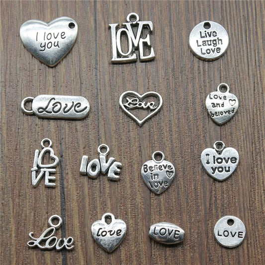 40pcs Antique Silver Love Heart Charms DIY Jewelry Set